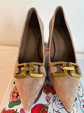 Jeffrey Campbell Taupe Suede Pointed-Toe Pumps with Gold Chain Detail